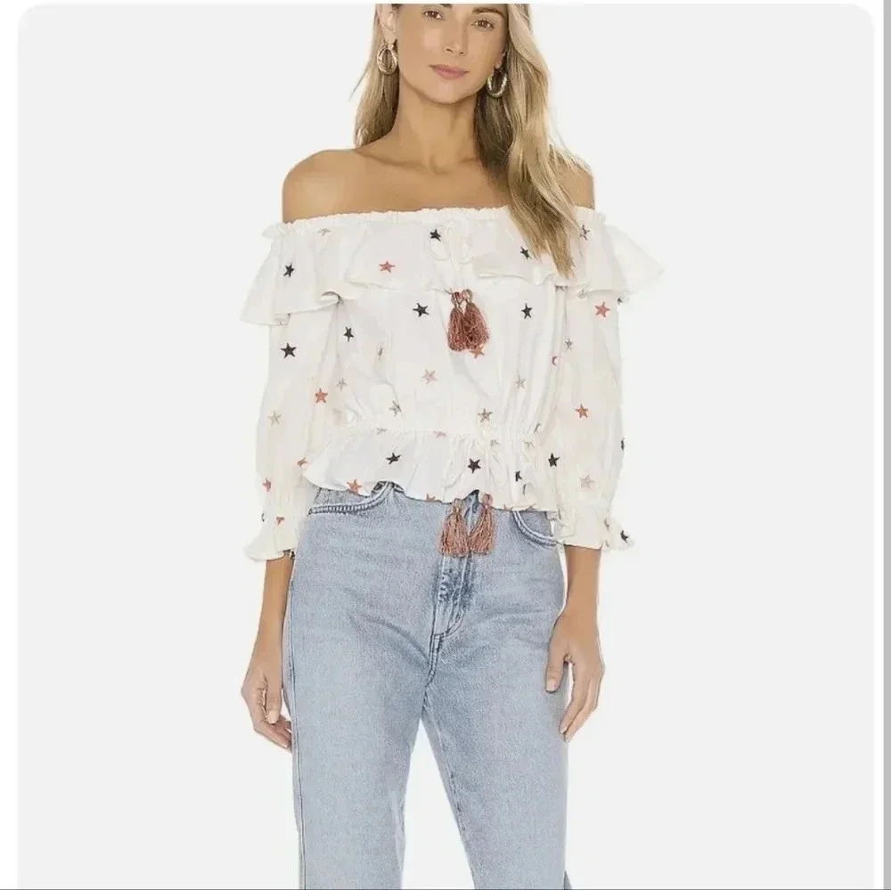 Majorelle Dover Multi Star Linen Blend Top Off The Shoulder Blouse